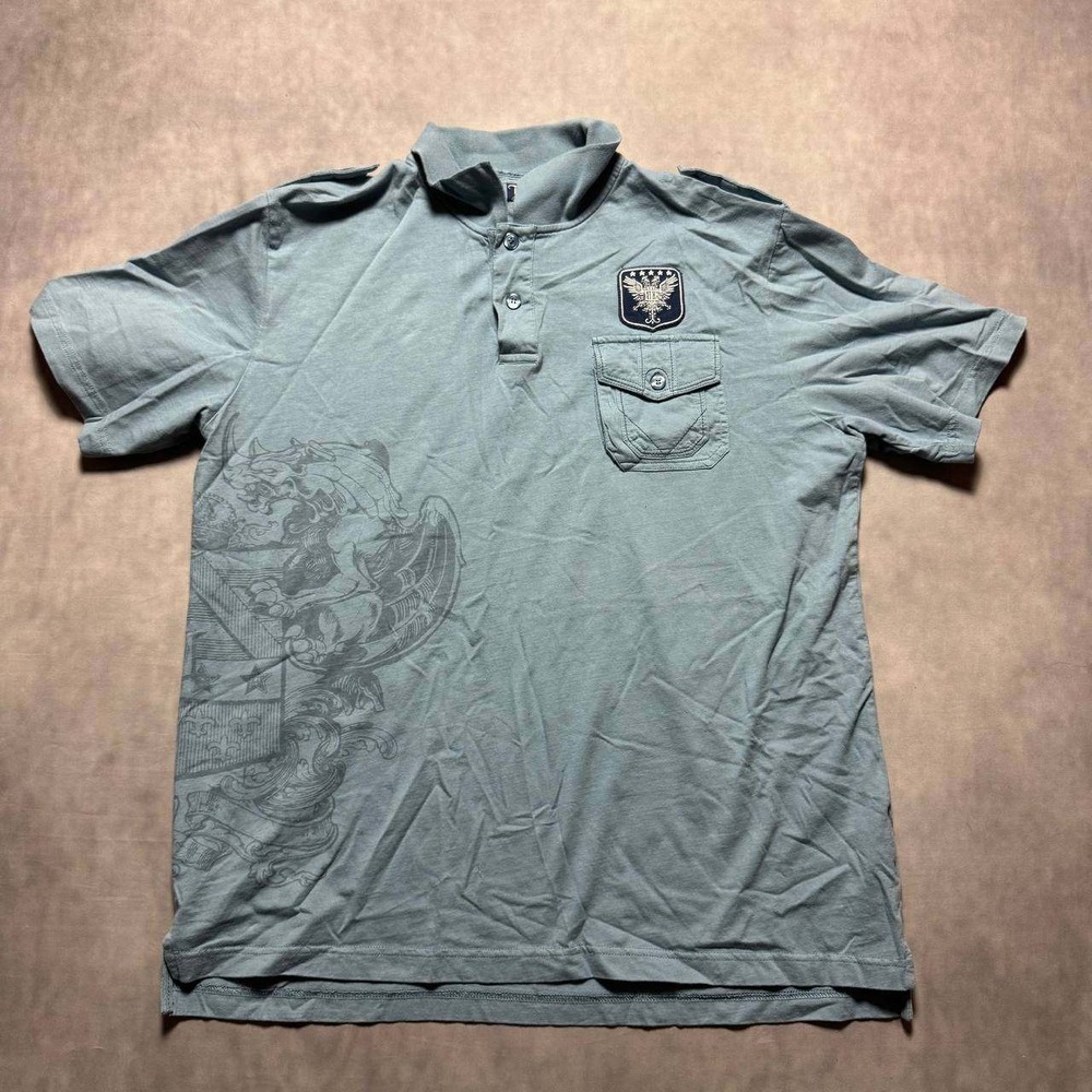 Ecko Unltd Polo Shirt Mens XL Blue Grey Y2K Graphic Tactical Crest Excellent